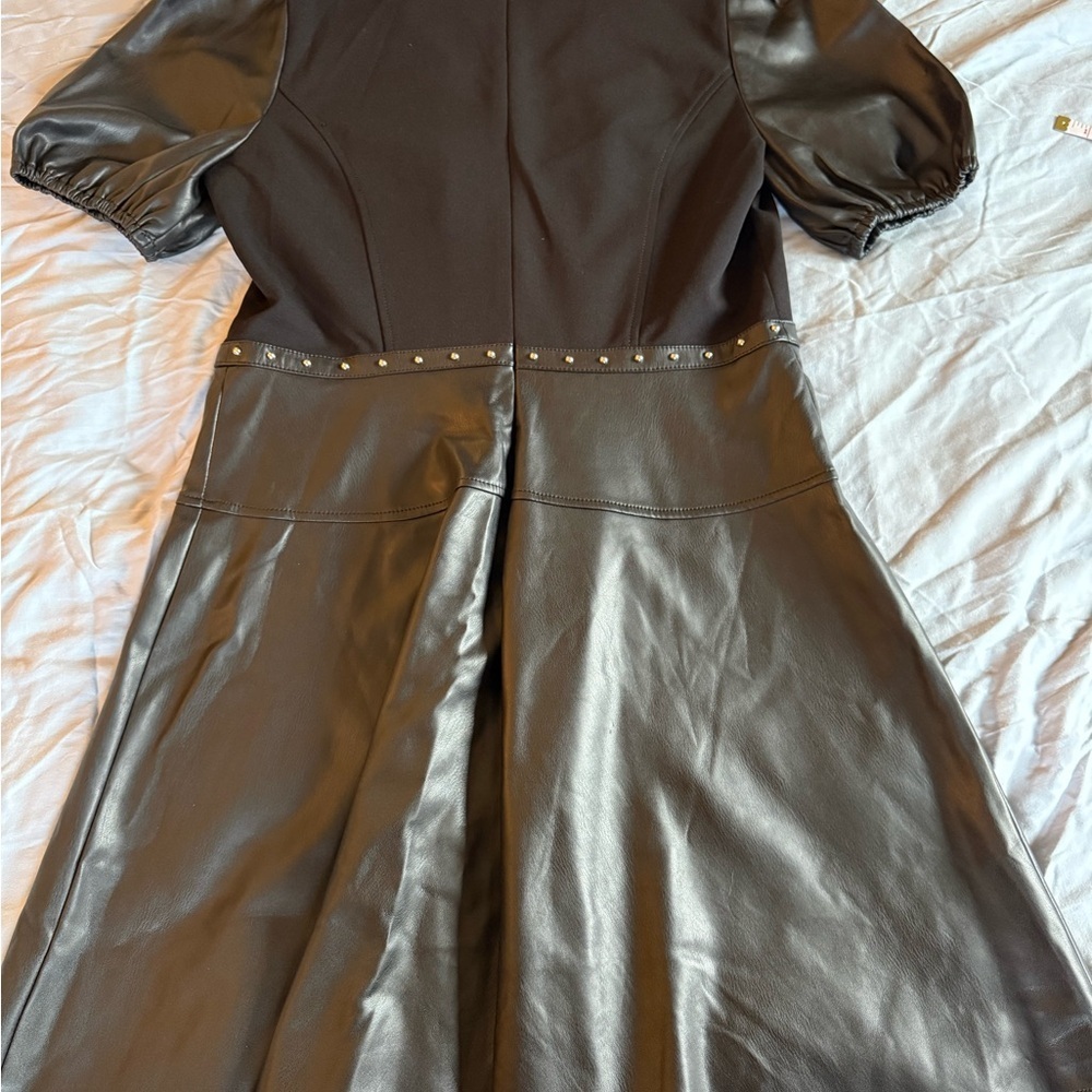 Karl Lagerfeld Black Faux Leather Midi Dress with Puff Sleeves - Picture 16 of 16